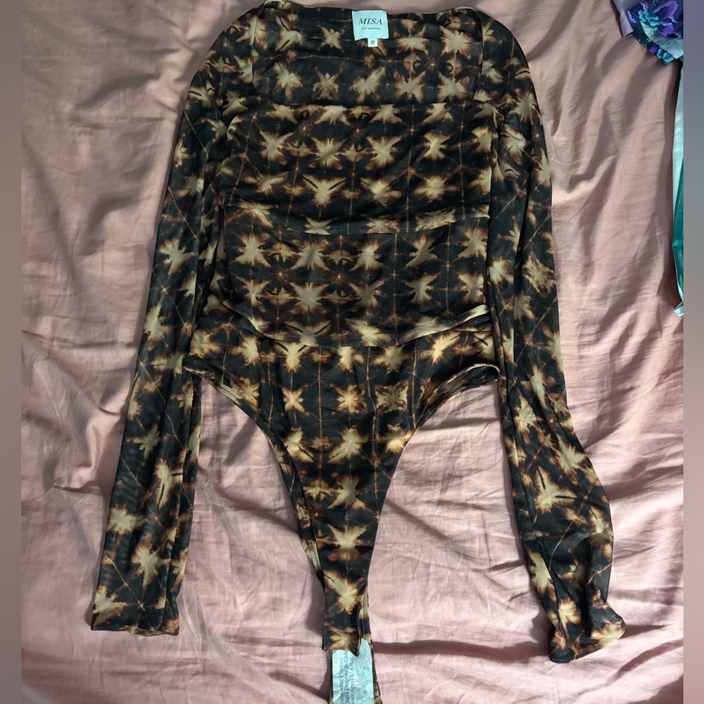 Misa Los Angeles Brown Ruched Long Sleeve Bodysuit